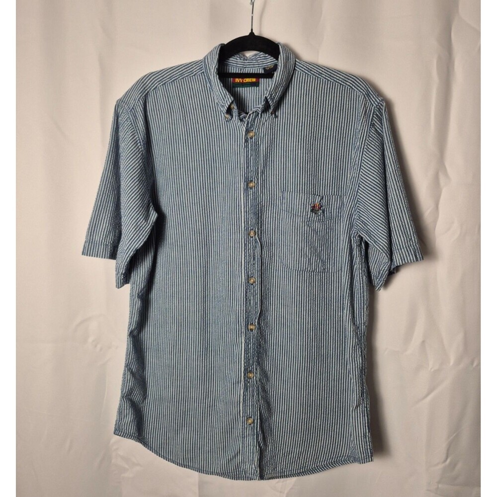 Ivy Crew Seersucker Mens Size M 100% Cotton Stripe Blue Short Sleeve Button Down